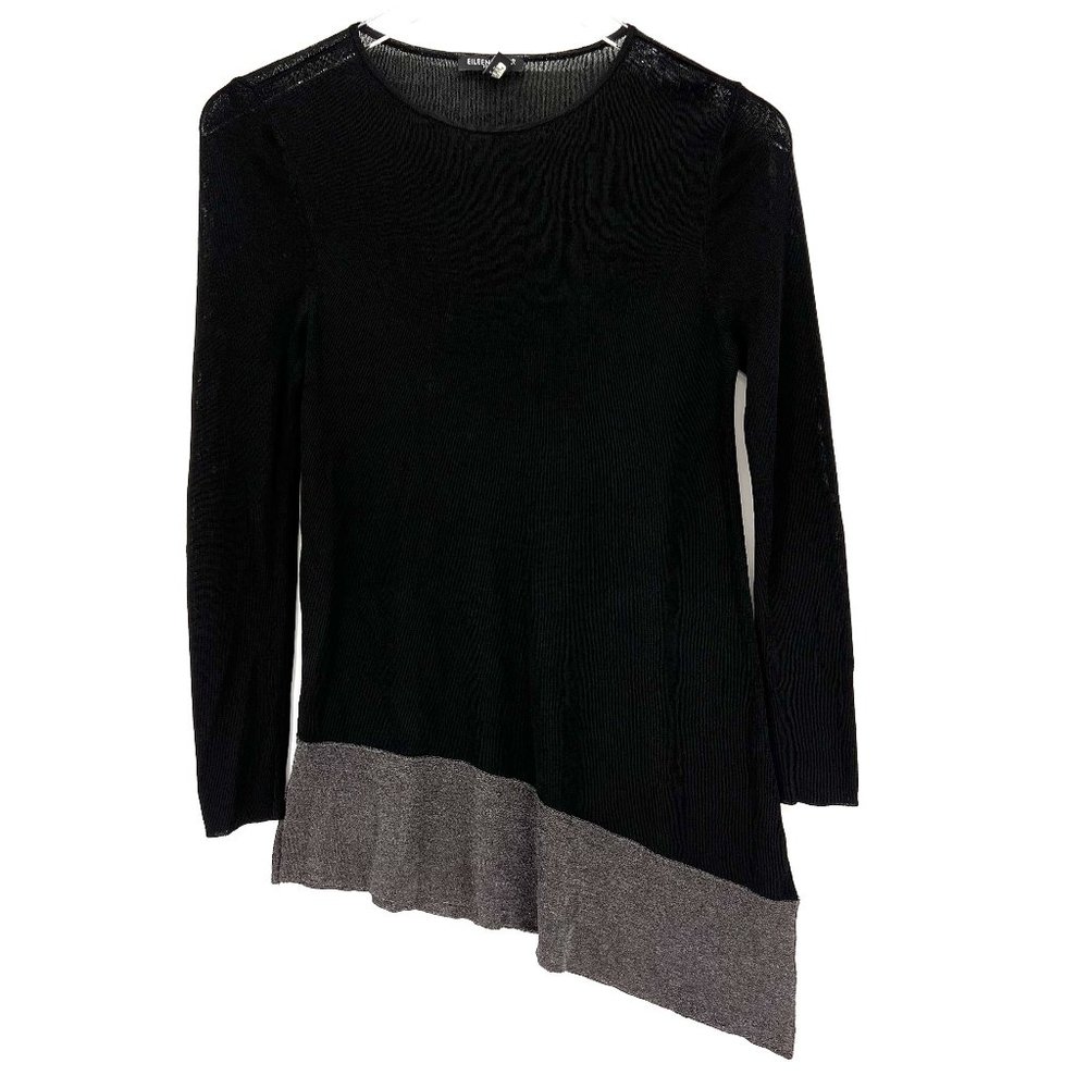 Eileen Fisher Knit Long‎ Sleeve Asymmetrical Tunic Black Metallic Top Size PS
